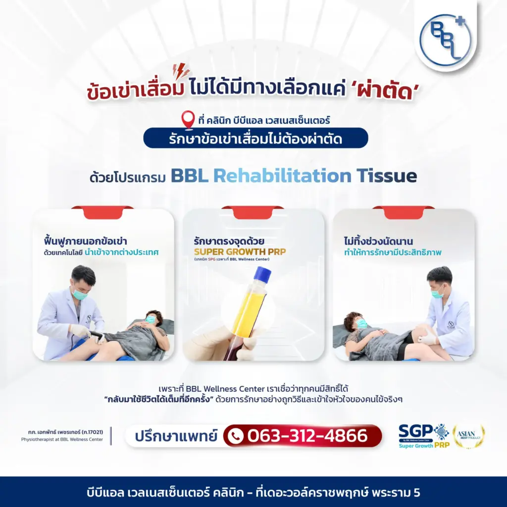 อินโฟกราฟิกโปรแกรมรักษาข้อเข่าเสื่อมโดยไม่ต้องผ่าตัด ด้วย BBL Rehabilitation Tissue และ Super Growth PRP ที่ BBL Wellness Center