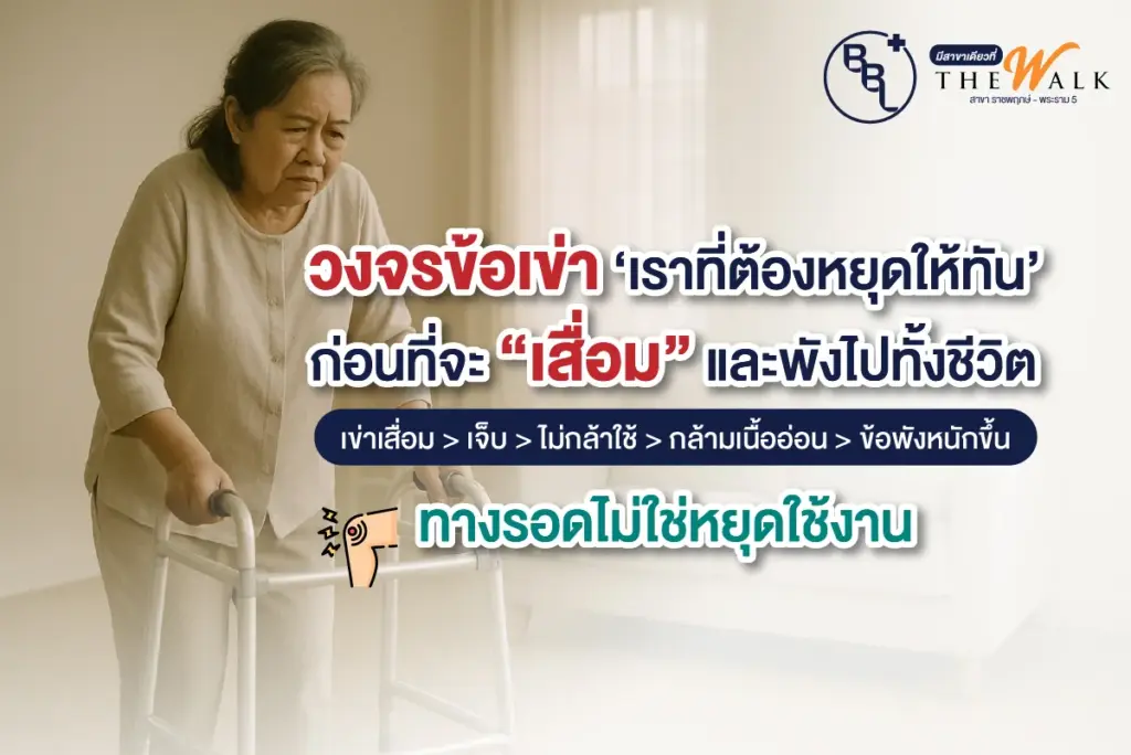 ผู้สูงวัยเดินด้วยเครื่องช่วยพยุงเพราะข้อเข่าเสื่อม ภาพประกอบบทความวงจรข้อเข่าเสื่อมและทางแก้ที่ BBL Wellness Center