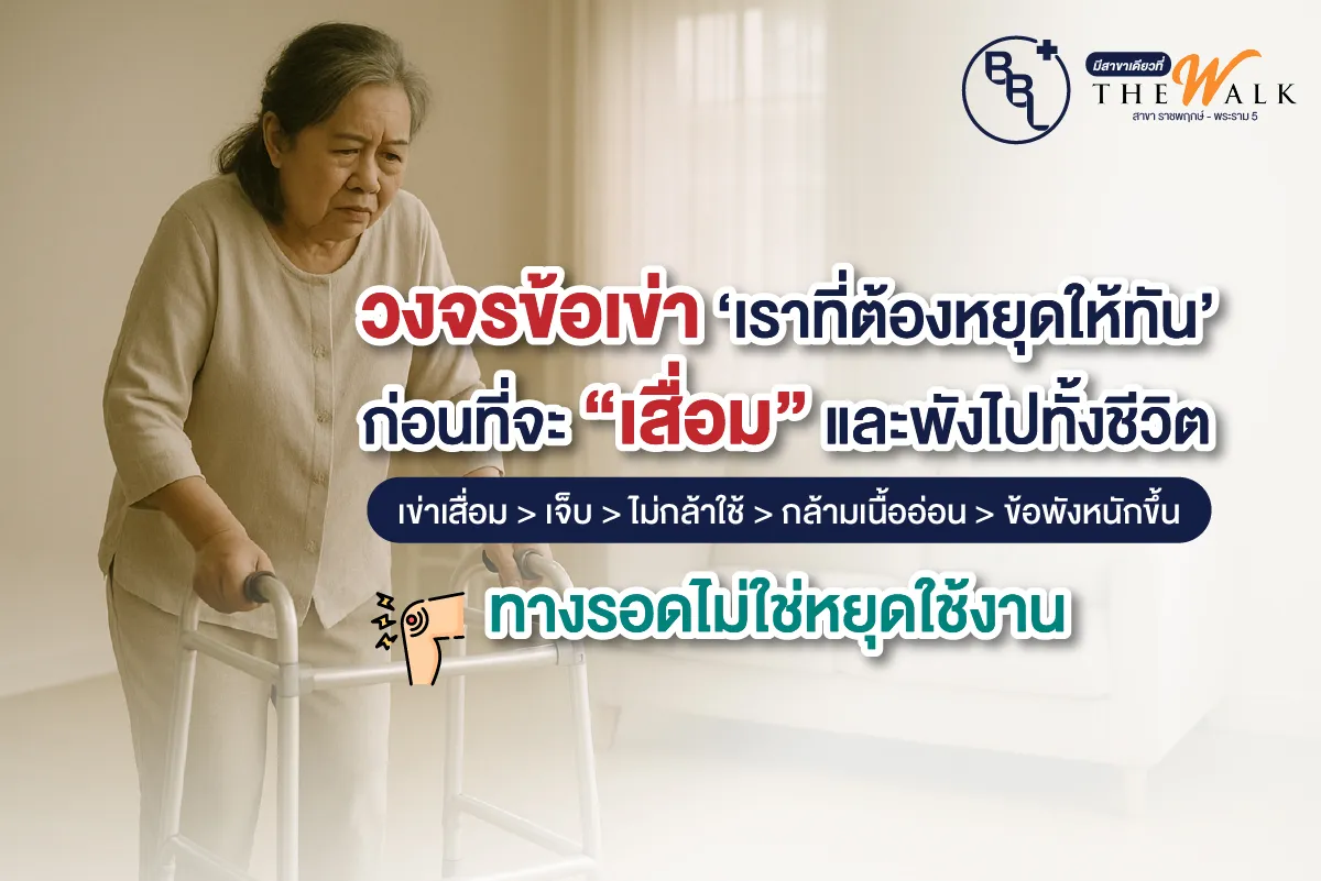 ผู้สูงวัยเดินด้วยเครื่องช่วยพยุงเพราะข้อเข่าเสื่อม ภาพประกอบบทความวงจรข้อเข่าเสื่อมและทางแก้ที่ BBL Wellness Center